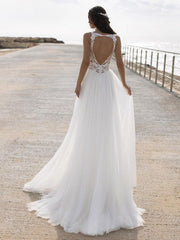 White Simple Wedding Dress V-Neck Sleeveless Backless Lace Chiffon A-Line Bridal Dresses
