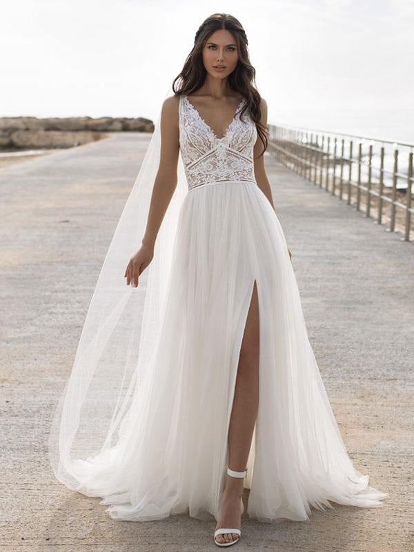White Simple Wedding Dress V-Neck Sleeveless Backless Lace Chiffon A-Line Bridal Dresses