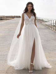 White Simple Wedding Dress V-Neck Sleeveless Backless Lace Chiffon A-Line Bridal Dresses
