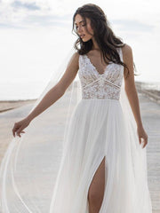 White Simple Wedding Dress V-Neck Sleeveless Backless Lace Chiffon A-Line Bridal Dresses