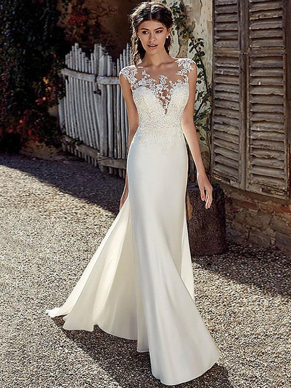 White Simple Wedding Dress White Chiffon Illusion Sleeveless Court Train Applique Sheath Bridal Gowns