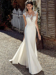 White Simple Wedding Dress White Chiffon Illusion Sleeveless Court Train Applique Sheath Bridal Gowns
