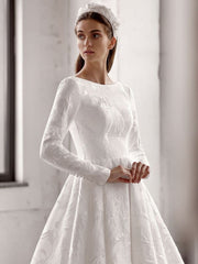 White Simple Wedding Dress With Train A-Line Jewel Neck Long Backless Sleeves Satin Fabric Bridal Gowns