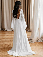 White Simple Wedding Dress With Train A-Line V-Neck Long Sleeves Backless Chains Natural Waist Bridal Gowns