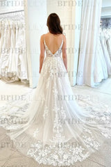 White Tulle V Neck Lace Aline Wedding Dress with Appliques