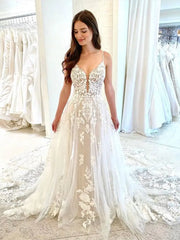 White Tulle V Neck Lace Aline Wedding Dress with Appliques
