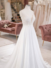 White V Neck Lace Chiffon Long Wedding Dress, Beach Wedding Dress