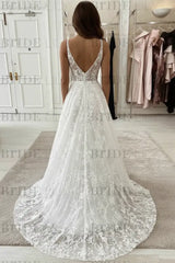 White V-Neck Lace Wedding Dress A-Line Sleeveless