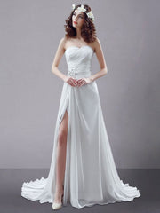 White Wedding Dress Strapless Twisted Split Rhinestone Chiffon Wedding Gown
