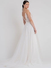 White Wedding Gowns Chapel Train A-Line Sleeveless Spaghetti Straps Matte Satin V-Neck Lace Bridal Gowns