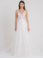 White Wedding Gowns Chapel Train A-Line Sleeveless Spaghetti Straps Matte Satin V-Neck Lace Bridal Gowns