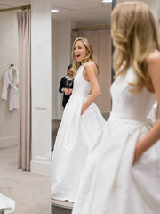 A Line Round Neck White Prom Dresses with Cross Back, White Wedding Dress with Pocket