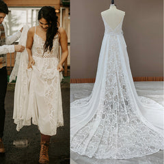 Simple Bohemian Wedding Dresses Lace V Neck Beach Maxi Dresses