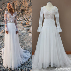 Gorgeous Lace Long Sleeves Boho Wedding Dresses Beach Maxi Dress