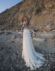 Gorgeous Lace Long Sleeves Boho Wedding Dresses Beach Maxi Dress