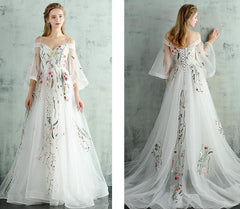 White Tulle Lace  Spaghetti Straps Long Evening Dress, Embroidery White Prom Dress