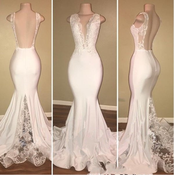Long Mermaid V-Neck Lace White Prom Dresses