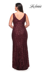 La Femme Striped Sequin Plus-Size Long Prom Dress