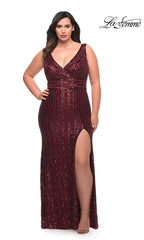 La Femme Striped Sequin Plus-Size Long Prom Dress