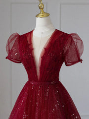 Wine Red TuLle Cap Mouwen Bruidsmeisje Jurk, Wine Red Long Prom -jurk