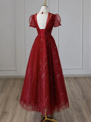 Wine Red TuLle Cap Mouwen Bruidsmeisje Jurk, Wine Red Long Prom -jurk