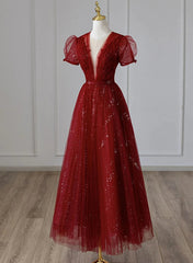 Wine Red TuLle Cap Mouwen Bruidsmeisje Jurk, Wine Red Long Prom -jurk