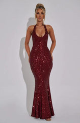 Wine Plunge scoop neckline Halter Luxury textured sequin fabric Formal Prom Dress