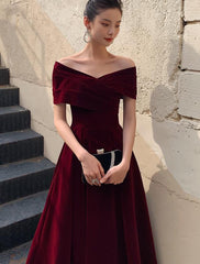 Elegant Burgundy Off Shoulder Sweetheart Velvet Party Dress, A-line Long Formal Dress Prom Dress