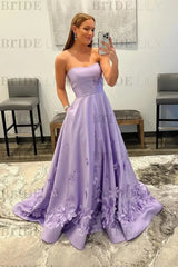 Strapless Light Blue Satin Prom Dresses 3D Flowers A-line Evening Dresses with Pocket
