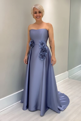Dusty Blue Satin Mother of the Bride Dress Strapless with Flowers