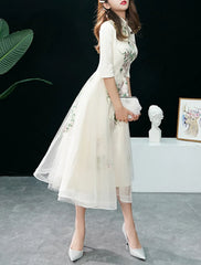 A-Line Cocktail Dresses Elegant Dress Wedding Guest Party Wear Tea Length Half Sleeve Stand Collar Tulle with Appliques