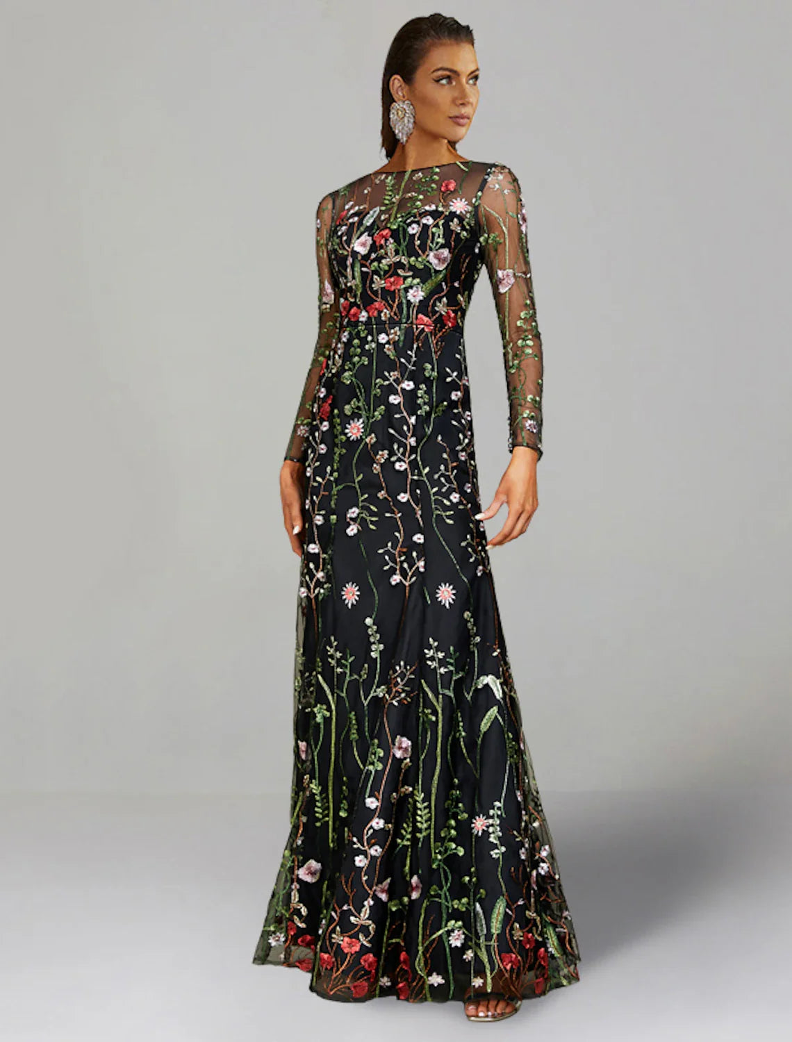 Wholesa Sheath / Column Wedding Guest Dresses Floral Dress Semi Formal Garden Party Floor Length Long Sleeve Jewel Neck Fall Wedding Guest Tulle with Embroidery