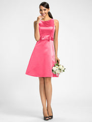 A-Line Jewel Neck Knee Length Satin Bridesmaid Dress with Bow(s) / Sash / Ribbon