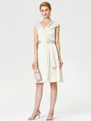 Aimishang A-Line Mother of the Bride Dress Elegant V Neck Knee Length Satin Chiffon Short Sleeve No with Sash / Ribbon Pleats Beading