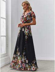 A-Line Evening Gown Floral Dress Birthday Floor Length Short Sleeve V Neck Chiffon with Pattern / Print