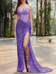 Mermaid / Trumpet Prom Dresses Corsets Dress Formal Wedding Guest Floor Length Sleeveless Spaghetti Strap Sequined with Slit Appliques