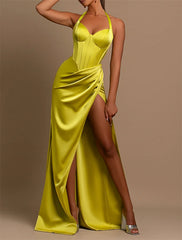 Mermaid / Trumpet Evening Gown Corsets Dress Formal Wedding Guest Floor Length Sleeveless Halter Neck Satin with Ruched Slit 2025