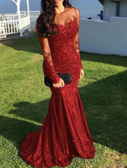 Mermaid / Trumpet Evening Gown Sparkle Dress Wedding Guest Homecoming Sweep / Brush Train Long Sleeve Illusion Neck Lace with Appliques