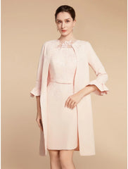 Aimishang  Two Piece A-Line Mother of the Bride Dress Wedding Guest Elegant Petite Jewel Neck Short / Mini Lace Stretch Fabric 3/4 Length Sleeve with Bow(s) Ruffles Solid Color
