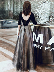 A-Line Evening Gown Glittering Dress Wedding Guest Party Wear Floor Length Half Sleeve Illusion Neck Velvet with Sequin Appliques