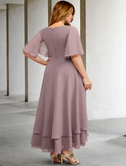 A-Line Mother of the Bride Dresses Plus Size Hide Belly Curve Elegant Dress Formal Asymmetrical Short Sleeve V Neck Chiffon with Ruffles Appliques