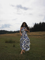Women's Long Dress Maxi Dress Party Dress Homecoming Dress Cocktail Dress Print Classic Elegant Dress Party Outdoor Wedding Guest Ruffle Zipper Sleeveless Halter Dress Regular Fit Blue Summer