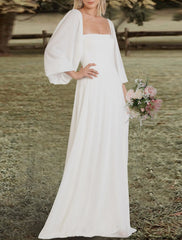 Wholesale Engagement Open Back Wedding Dresses A-Line Square Neck Long Sleeve Sweep / Brush Train Chiffon Bridal Gowns With Solid Color
