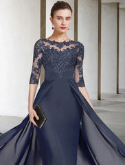 Sheath / Column Mother of the Bride Dress Plus Size Elegant Jewel Neck V Neck Floor Length Chiffon Lace Half Sleeve with Ruched Appliques