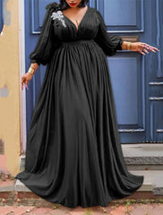 Women‘s Plus Size Curve Party Dress Solid Color V Neck Ruched 3/4 Length Sleeve Spring Fall Elegant Formal Prom Dress Maxi long Dress Party Back to School Dress Homecoming Dress