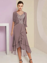 Two Piece A-Line Mother of the Bride Dress Formal Fall Wedding Guest Elegant High Low V Neck Asymmetrical Tea Length Chiffon Lace Short Sleeve 3/4 Length Sleeve Wrap Included with Appliques
