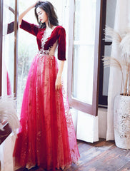 A-Line Evening Gown Glittering Dress Wedding Guest Party Wear Floor Length Half Sleeve Illusion Neck Velvet with Sequin Appliques