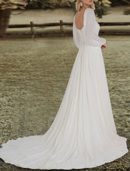 Wholesale Engagement Open Back Wedding Dresses A-Line Square Neck Long Sleeve Sweep / Brush Train Chiffon Bridal Gowns With Solid Color