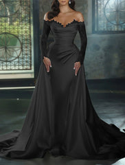 Wholesale Engagement Formal Fall Wedding Dresses Sheath / Column Off Shoulder Long Sleeve Chapel Train Satin Bridal Gowns With Appliques Solid Color Summer Wedding Party