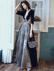 A-Line Evening Gown Glittering Dress Wedding Guest Party Wear Floor Length Half Sleeve Illusion Neck Velvet with Sequin Appliques